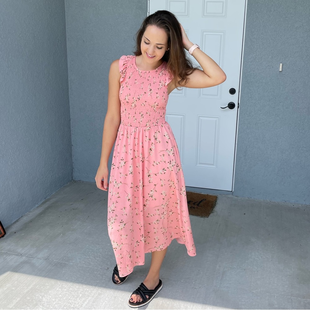 Floral Pink Ruffle Sleeve Maxi Dress / Size XS